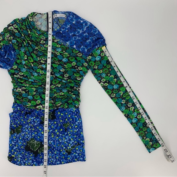 Zara NWOT Draped Blue and Green Printed Colour-blocked Long Sleeve Top, XS - Picture 15 of 16